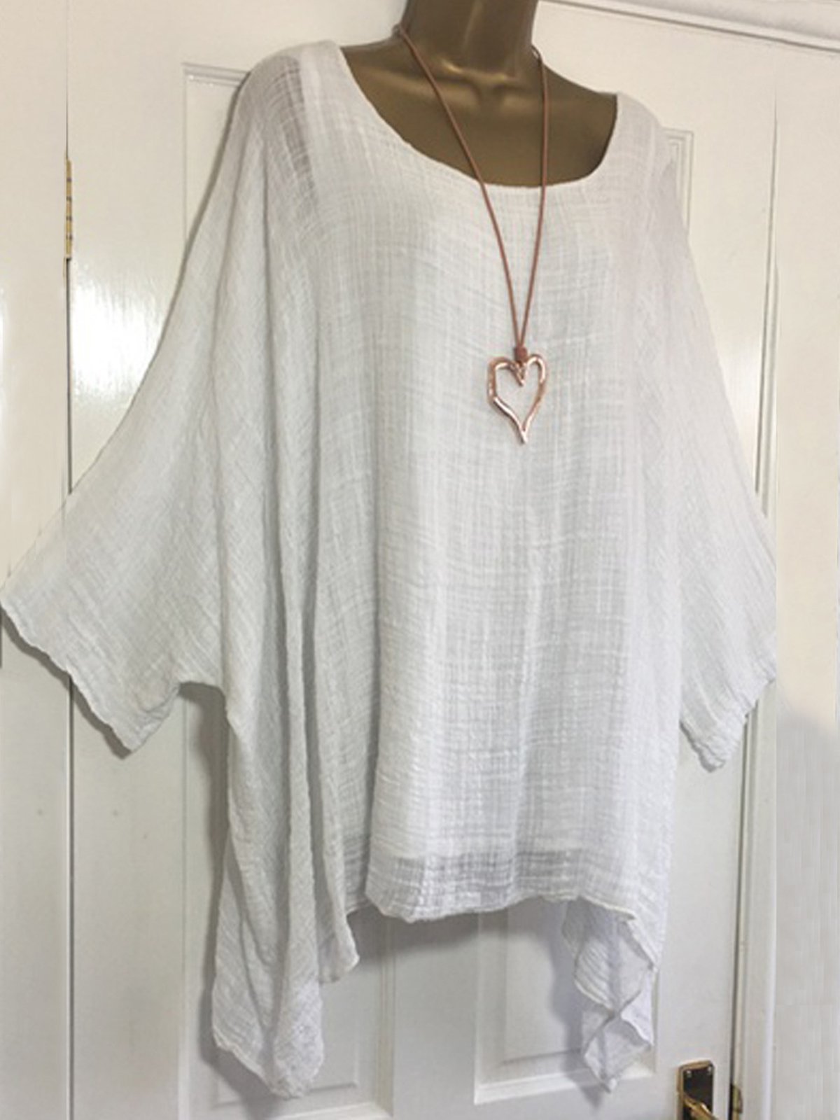Cotton-Blend Loose Casual Solid Crew Neck Shirt & Blouses